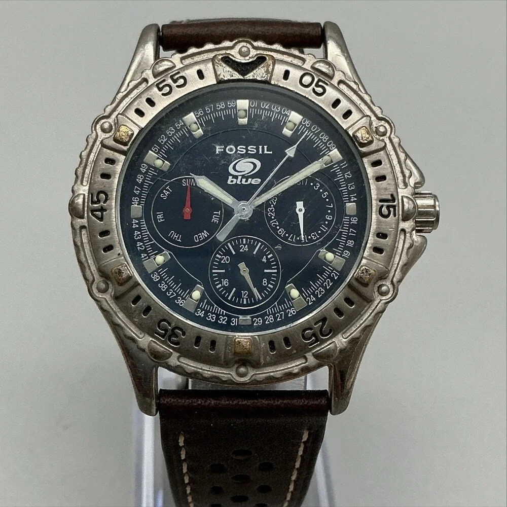 Fossil Blue Mens Watch 40mm Blue Dial Silver Tone Leather Multi New Battery
